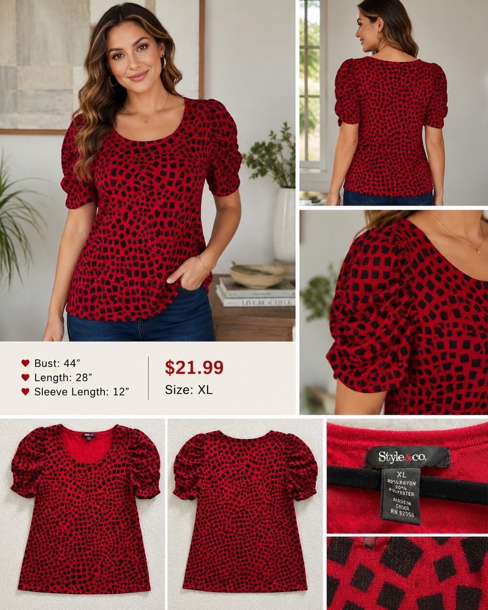 Style & Co Women’s Red/Black Geometric Knit Scoop Neck Puff Sleeve Top XL EUC